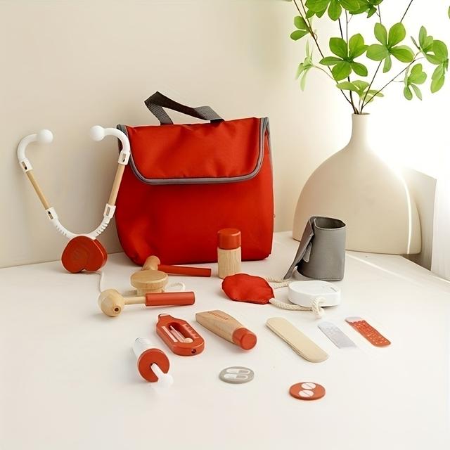 TEMU Zestaw Lekarski z Drewnianymi Zębami do Symulacji i Stetoskopem, Zabawa w z Iniekcją