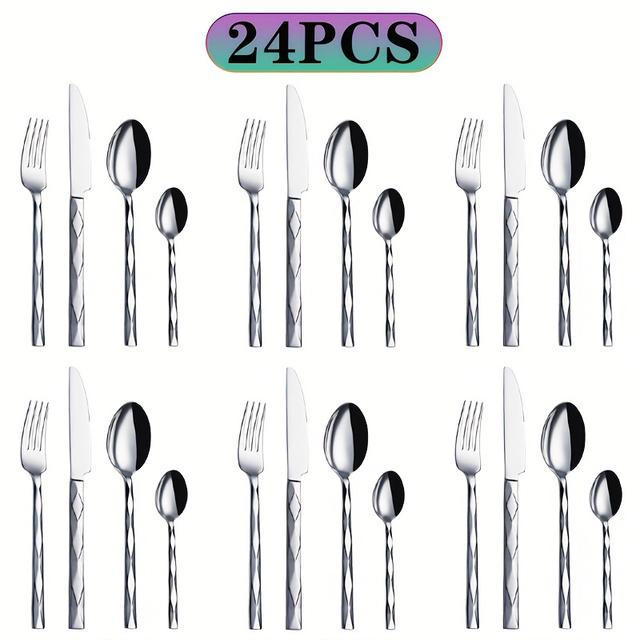 TEMU 12/24pcs Stainless Steel Cutlery, Exquisite And Gorgeous Cutlery Set, Suitable For Kitchen, Home, Restaurant, Wedding, Festival, Mirror Polished And Dishwasher Safe, Christmas Gift