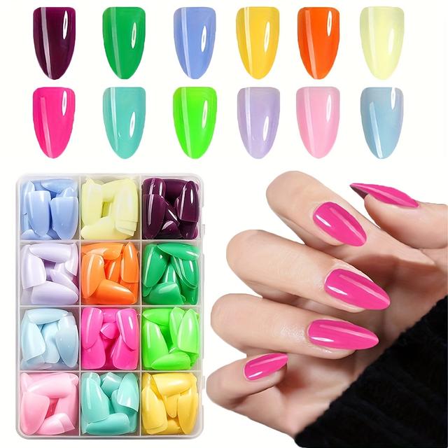 TEMU 288pcs Almond Shaped Gel Nail Stickers, 12 Colors, Acrylic Box, Matte Almond Shape, Natural Fit To Nails, And Used Repeatedly, For Women's Nail Set