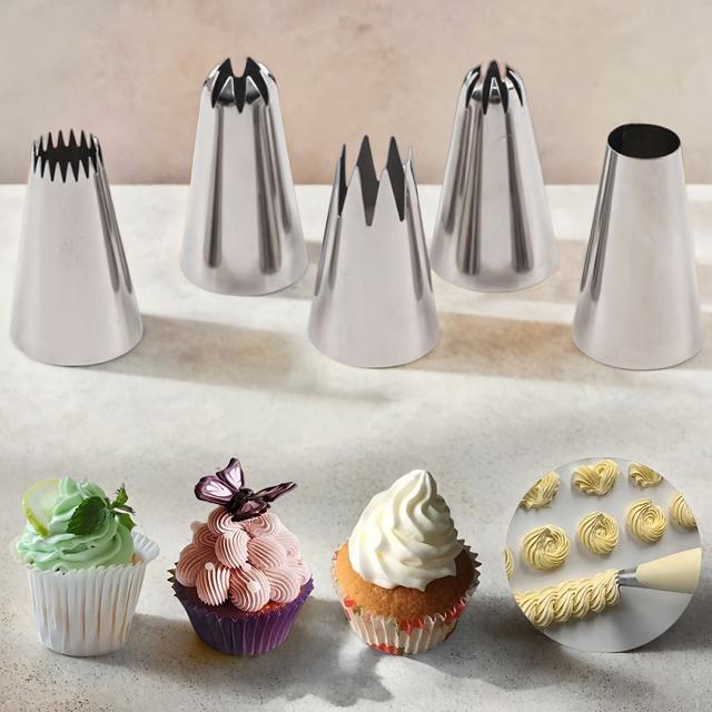 TEMU 5pcs Common Medium Piping Tips Set - Cake Biscuit Cream Baking Decoration Tools, Ideal For Flower Decorating, Cupcakes, Cakes And , Essential Baking Tool For