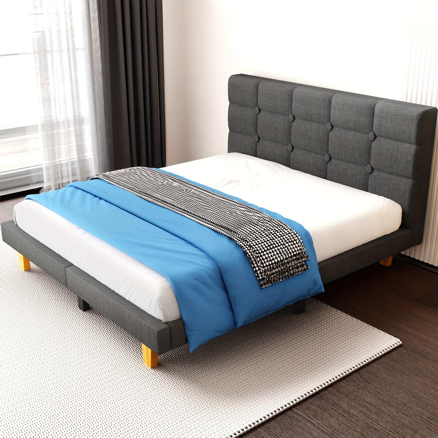 TEMU 90/120/140/160/180*200cm Double Bed Frame Upholstered With Headboard, Sturdy Wooden Slat Support, Spring Needed, Easy Assembly