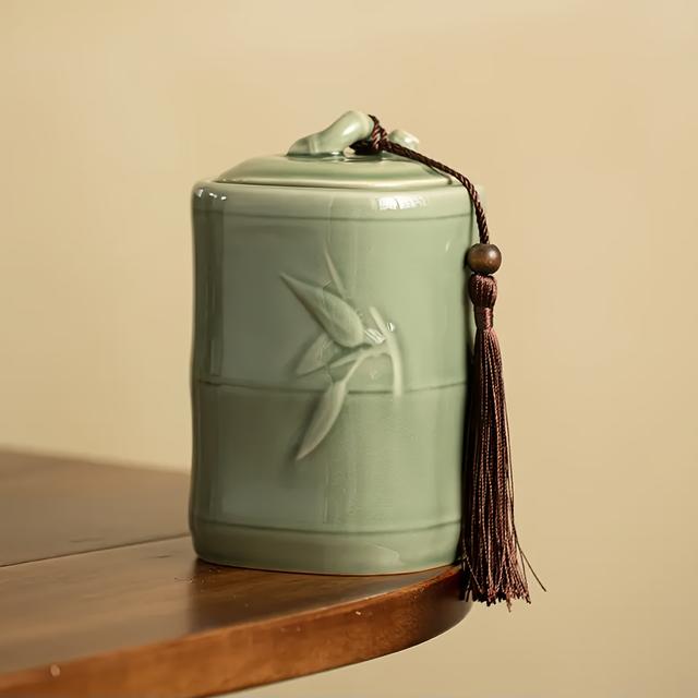 TEMU جرة سيراميك عالية الارتفاع بتصميم عتيق من خشب البامبو بلون السيلادون، مزهرية ديكور صينية للمنزل، زينة لغرفة المعيشة، جرة تخزين منزلية زخرفية