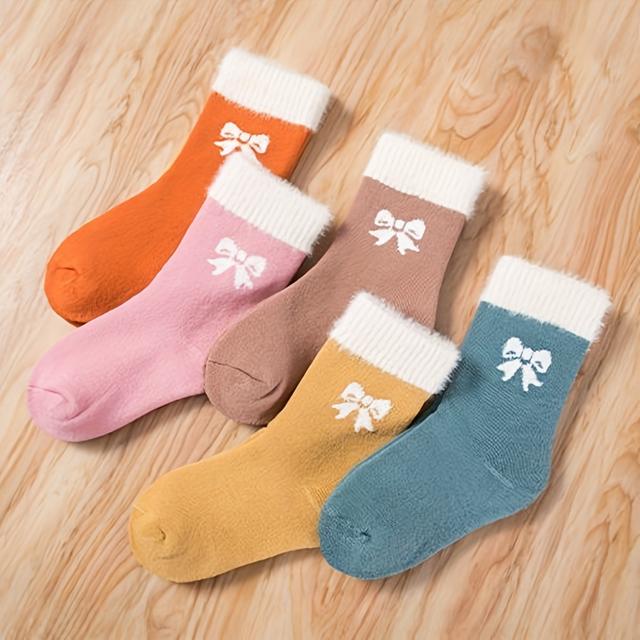 TEMU Colorful Warm Winter 5 Pairs Of Thickened Fleece Children's Socks With Bow