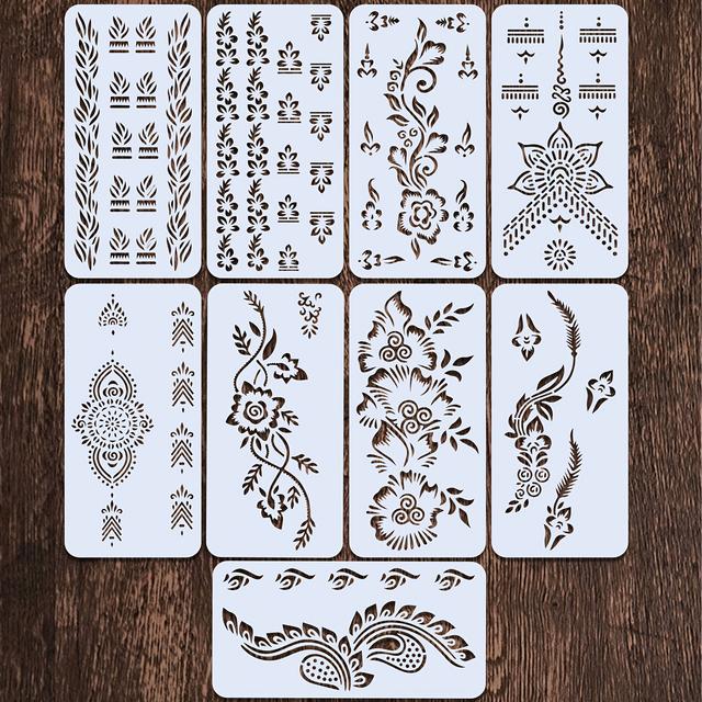 TEMU 9pcs 7.87*2.94inch Handprint Flower Template Set, Used On Hands, Feet And Other Body Tattoos, Reusable Diy Leak Printing Template
