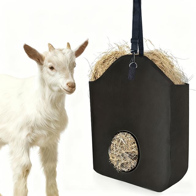 TEMU A Hanging Hay Bag For Goats Made Of High-quality Oxford Cloth, Featuring Metal Rings And An Adjustable Shoulder Strap, Suitable For Horses, , Cows, Llamas, Ostriches, Or Other Animals, In Black