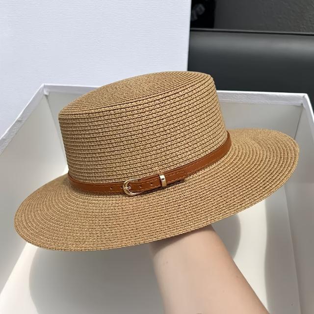 TEMU Straw Belt Hat For Men And Women, Summer Flat-brimmed Straw Ceremonial Hat For , Vacations, Seaside Sunshade And.