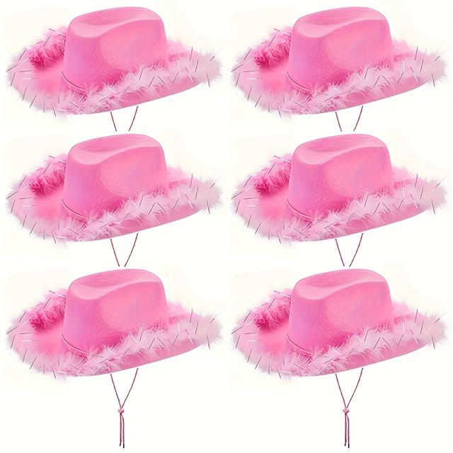 TEMU 6er- Western-Party-Kronen-Cowboyhüte mit Kunstfederboa und Silberbesatz, Junggesellinnenabschied-Themenkostüm für Musikfestivals & Rollenspiel-Hochzeitsaccessoires