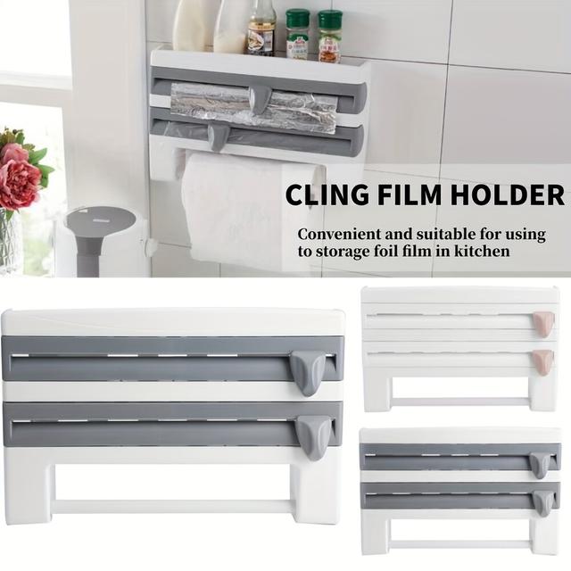 TEMU 4-in-1 Wall-mounted Kitchen Organizer - Includes Foil & Cling Film Dispenser, Towel Holder, And Cutter - Space-saving Storage Solution For Home, Kitchen Rack, Wrap Organizer