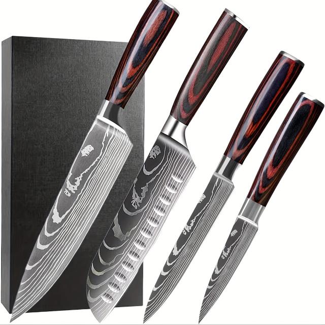 TEMU Kitchen Knife Set - Stainless Steel 4pcs Chef Knife Set For Home Use, Suitable For Cutting Vegetables And Meat, Sharp Chef's Knife, Fruit Knife, Gift In A Festive Gift Box