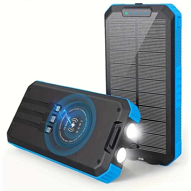 TEMU Solar Power Bank Wireless Charger 30000mah Built-in 6 Outputs 15w Fast Charging Mobile Power Bank Suitable For All Mobile Devices 3 With Dual Flashlights Solar Portable Charger - Blue