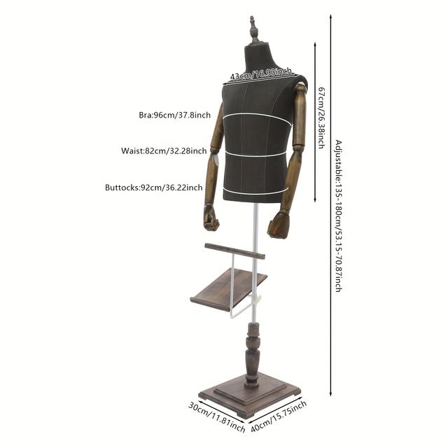 TEMU Male Mannequin Torso Dress Form Mannequin Body With Stand Solid Wood Arm, 4.43-5.91ft Height Adjustable Clothing Manikin For Market Shop Window Display, Detachable Shoe Holder & Pants Rack