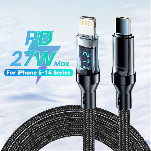 TEMU Binboom Usb To Lightning Charging Cable With Led Digital Display, Mfi Certified Fast Charging Type C Charger Cable For Iphone 14/ 13/ 12/ 11 Pro Max/ 8/ 7/ Se, Ipad, Ipod.
