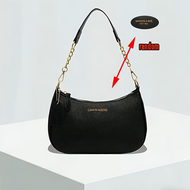 TEMU Damen Schultertasche Chic Klassisch Vielseitig Schwarz Kunstleder Schultertasche mit Goldfarbenem Kettenriemen, Stoff, Buchstaben-Druck Design, Reißverschluss - Ideal für Einkäufe