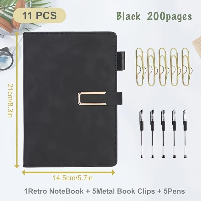 TEMU Juego de 11 Piezas ( 1 Cuaderno Vintage A5 + 5 Clips Metálicos + 5 Bolígrafos), Diarios de Tapa Blanda Multicolor de 200 Páginas para Oficina, Reuniones y , Regalo Ideal para el a Clases