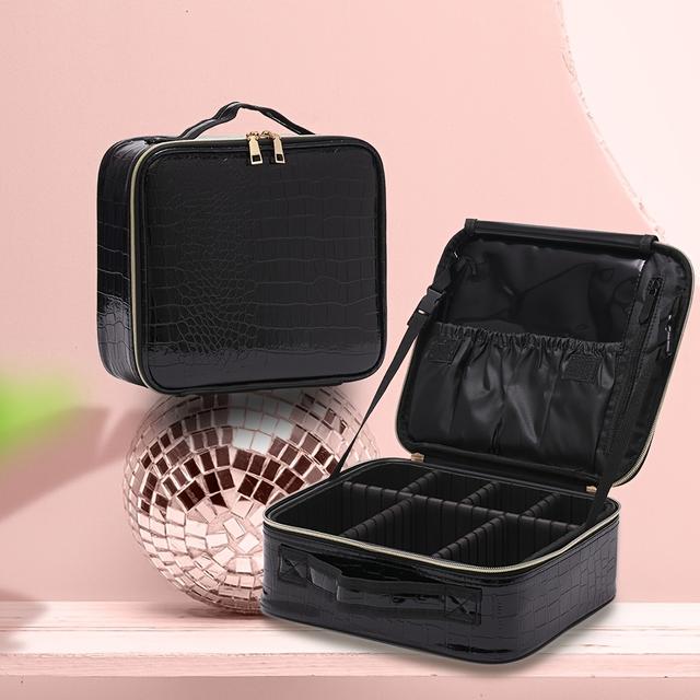 TEMU Portable Travel Makeup Bag With A Black Crocodile Pattern, Designed For Artists, Featuring Adjustable Dividers For Cosmetics And Toiletries