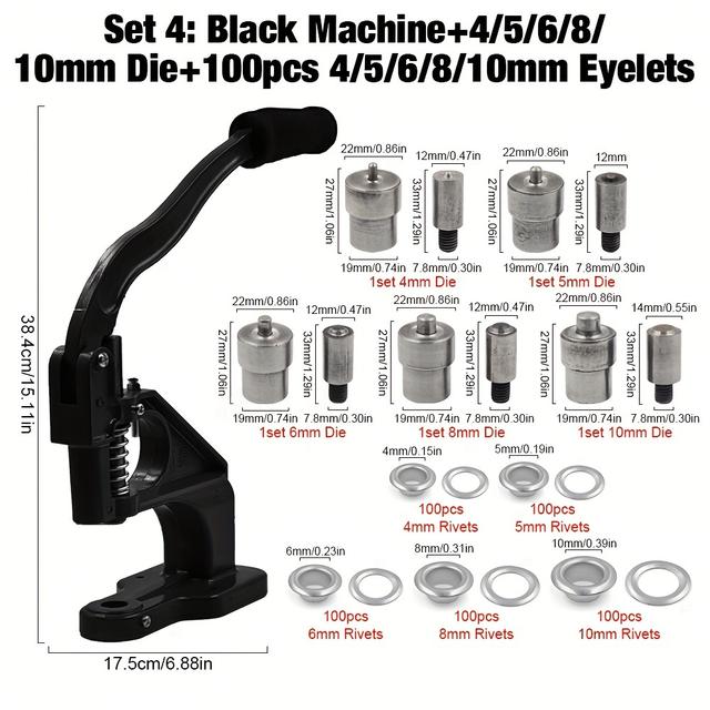 TEMU 1 Set Schwarze Handpressmaschine für Metallstempel Doppelkappen-Nieten, Ösenknöpfe und Schnellverschlüsse – Werkzeug zum Installieren von Lederhandwerk