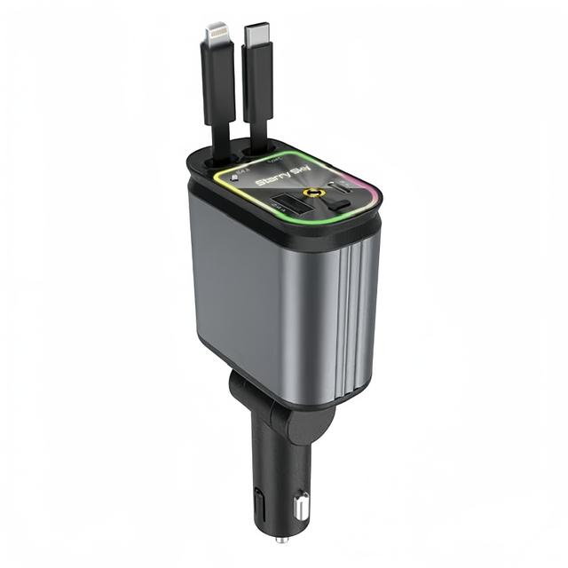 TEMU ชาร์จเร็วในรถยนต์ 4 ใน 1 พร้อมไฟ LED แสงดาวและสายเคเบิลที่ดึงออกได้, ชาร์จหลายพอร์ตสำหรับไฟดาวเต็มฟ้าในรถยนต์, 4 พอร์ต USB PD/QC3.0