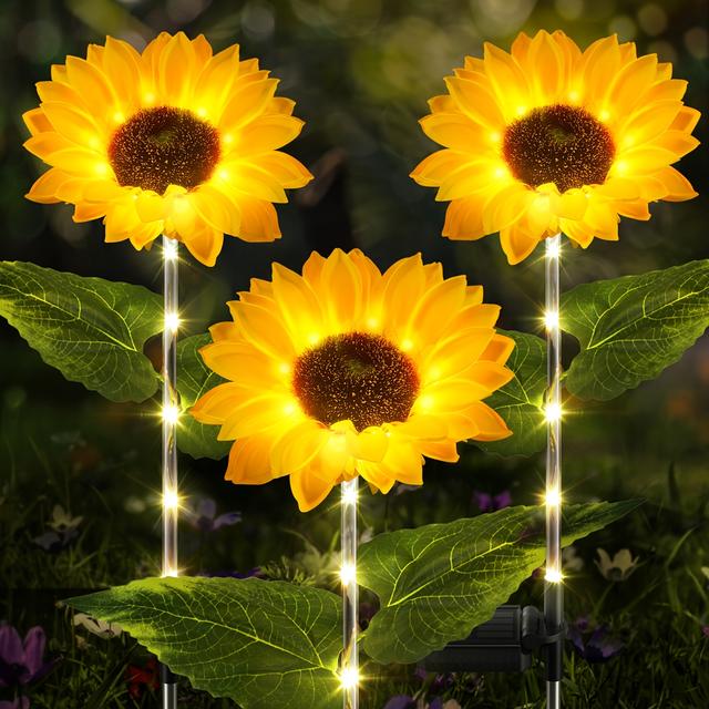 TEMU 3pcs Solar Sunflower Garden Lights - Vibrant Yellow Outdoor Decorative Lighting With Realistic Sunflower Design, & Energy- Courtyard Terrace Lawn Passage Sunflower Lights