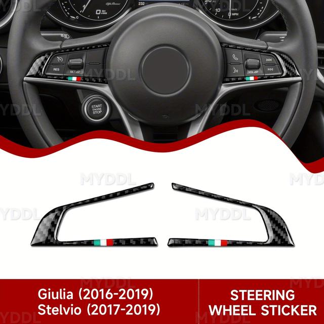 TEMU 2 Stück Auto Lenkrad Zierleiste Abdeckung Carbon Faser Aufkleber für for ALFA Stelvio 2016 2017 2018 2019 Innenausstattung (Schwarz)
