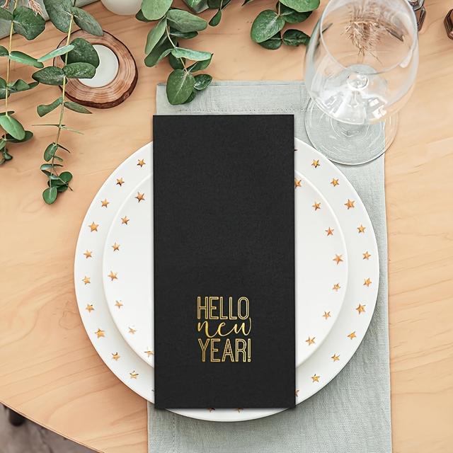 TEMU 50er 3-lagige Trifold-Papierservietten - " New Year" Goldfolienprägung, weiche und saugfähige Einweg--Servietten für Neujahrsfeiern