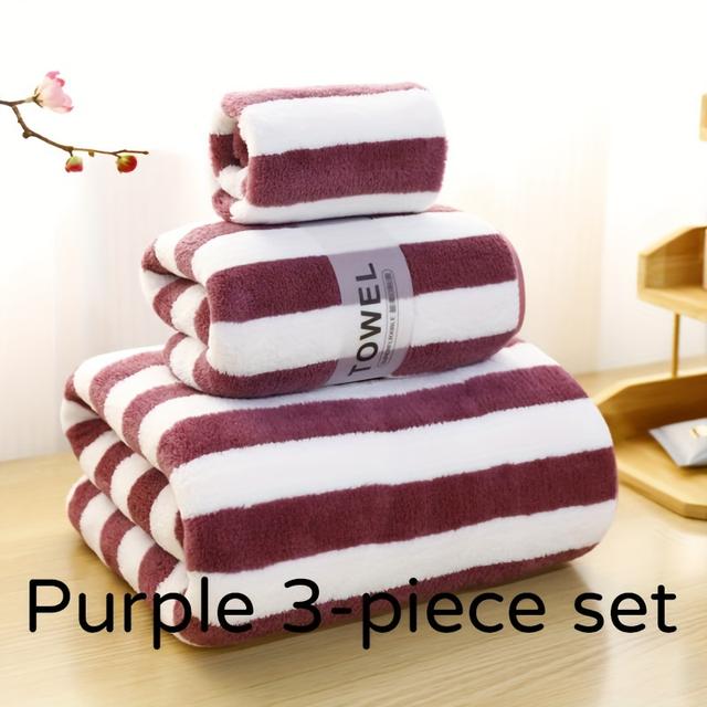 TEMU 3pcs Luxury Bath Towel Set In Stripes - , Highly Absorbent Microfiber, Includes Large Bath Towel, Bath Towel, And Washcloth - , Skin-friendly For Home & Hotel Use, Bath Towels For Bathroom