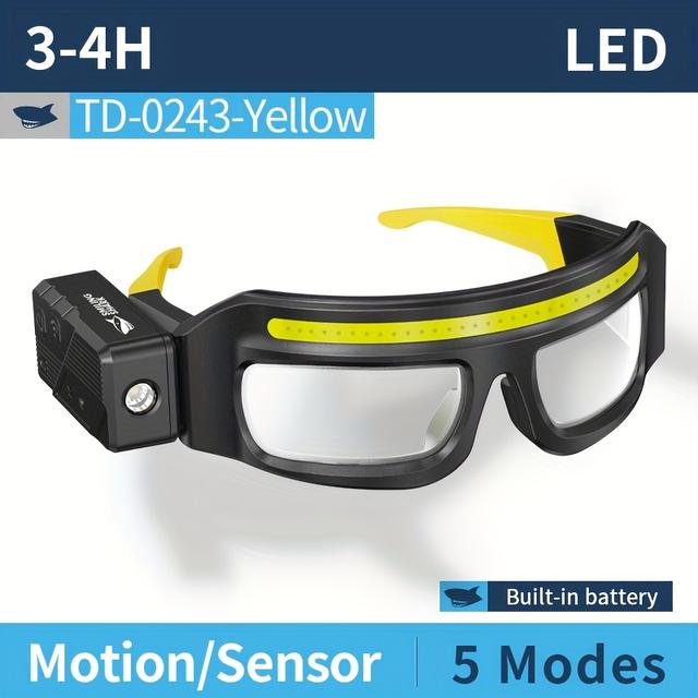 TEMU Smiling Shark Motion Sensor Head Lamp With Eyeglass Clip-on - -c Rechargeable Smart Light, 5 Modes, Auto , -like (no Liquid Test) For Camping, Fishing,, Cave Exploration - Portable Headlight