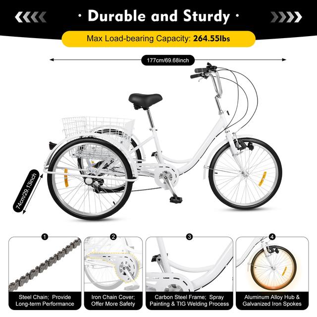 TEMU Adult Tricycle With 6 , 24-inch Adult Tricycle With Shopping Basket, Suitable For The Elderly, Women And Men