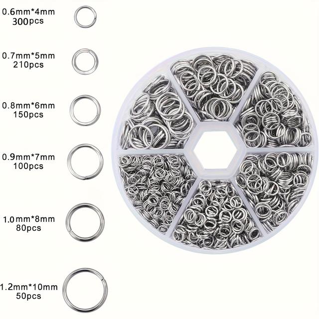 TEMU Zestaw 890 sztuk metalowych pierścieni O-ring ze stali nierdzewnej 304 do tworzenia biżuterii (4mm, 5mm, 6mm, 7mm, 8mm, 10mm)