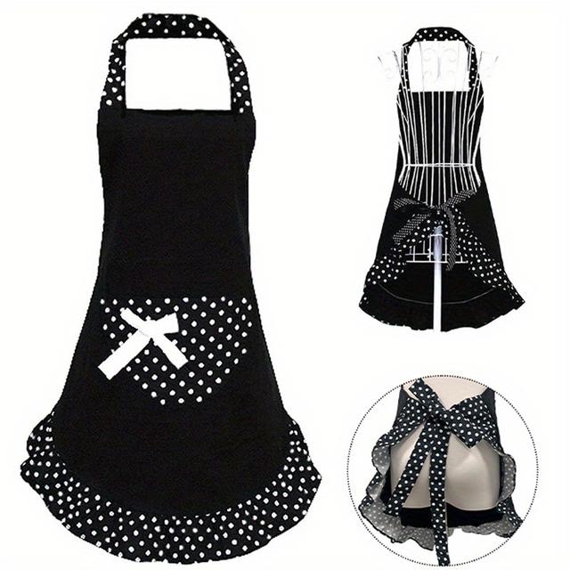 TEMU 1개, 귀여운 리본 앞치마 - 도트 프릴 디자인과 대형 포켓이 있는 유니섹스 블랙 비브 앞치마, 역할극에 완벽한 추수감사절용