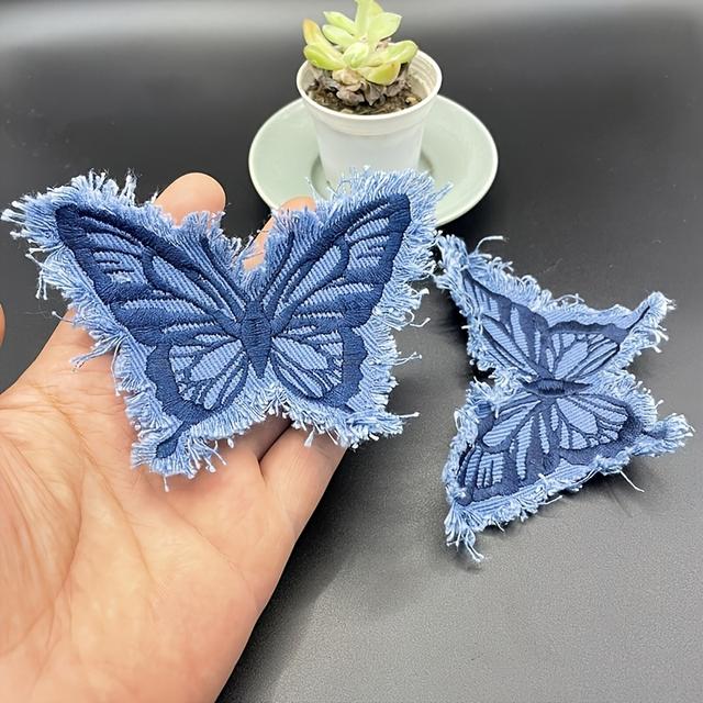 TEMU 2pcs Denim Embroidered Patches, Iron-on Or Hand-sewn Clothing Decoration Embroidered Patches, Fabric Patches For Hats And Bags
