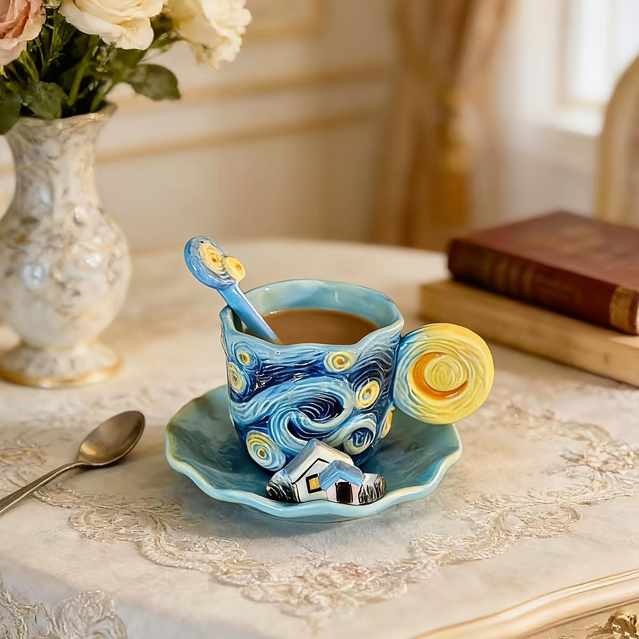 TEMU A Set Of Hand-painted Ceramic Van Gogh Starry Night Coffee Cup And Saucer Set, Including A Starry Night Mug, Teacup, Round Saucer, And Spoon, Desktop Decoration Piece
