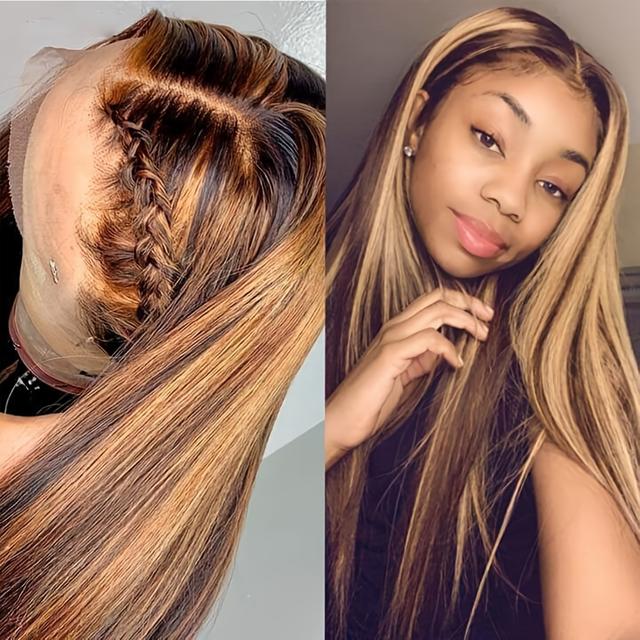 TEMU Ombre Lace Front Wig Human Hair Highlight Straight Lace Front Wigs With Baby Hair 13x4 4/27 Honey Blonde Hd Lace Frontal Wigs Human Hair 180% Density