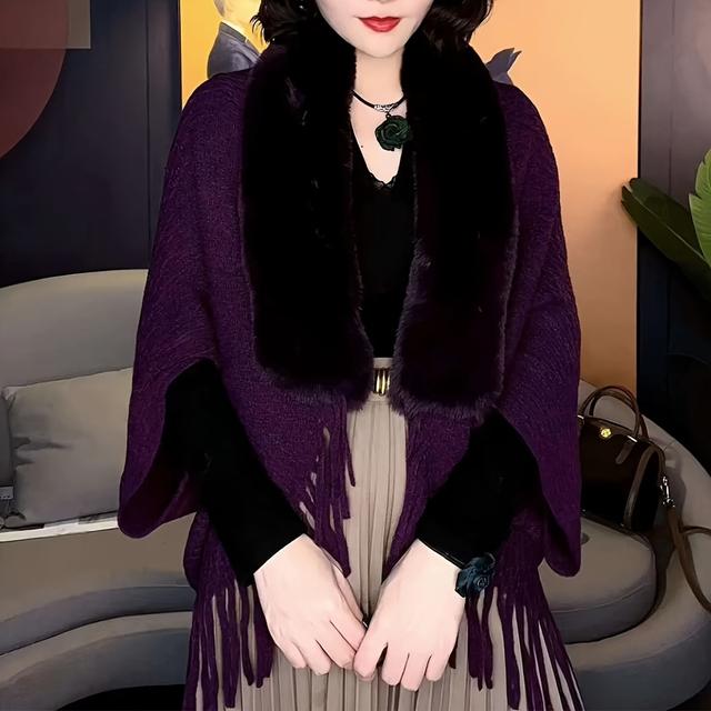 TEMU 1pc Of A Versatile Thick Shawl With A Large Collar, Perfect For Autumn And Winter, Featuring A Stylish Fringe Scarf