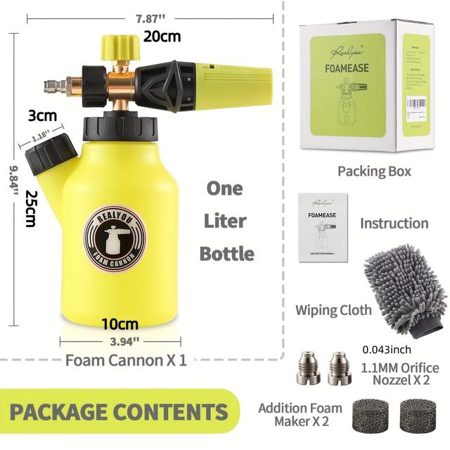 TEMU Foam Cannon Up To 4500 Psi, Foam Cannon For Pressure Washer With 1/4'' Quick Connector, Snow Foam Cannon With Adjustable Nozzle And 1l Foam Cannon Bottle, Fits Most Car Washing Accessories