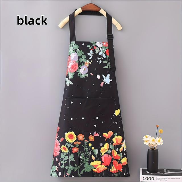 TEMU 1 Szt. Lekki Fartuch z Regulowanym Paskiem na Ramię i Dużą Kieszenią, Idealny do Restauracji i Kawiarni, Wykonany z Trwałego Poliestru, Dostępny w Kolorze Beżowym i Czarnym, Wzór Kwiatowy