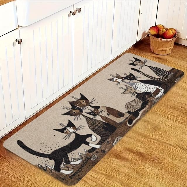 TEMU 1.1cm Thick Abstract Cat Pattern Kitchen Mat - Durable Polyester Fiber, Machine Washable, Ideal For Kitchen, Living Room, Porch, And Home Decor, Kitchen | Abstract | Durable Mat, Cat Decor