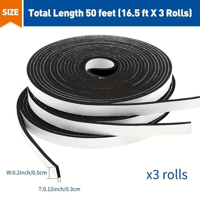 TEMU 3 Rolls Of Self-adhesive Black Eva Foam Sealing Strip, Suitable For Noise Reduction, Vibration Isolation, And Dust Prevention On Multiple Surfaces Including Windows, Doors, Furniture, And Walls