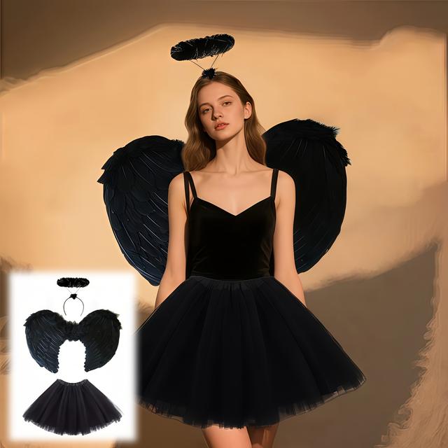TEMU Dräi Stéck schwaarz Engelkostüm-Set, Damenengel-Requisiten, Balletttrupp-Requisiten, geeegent fir Karnevalspartys, Halloween, Weihnachten, Engelsrollenspiller