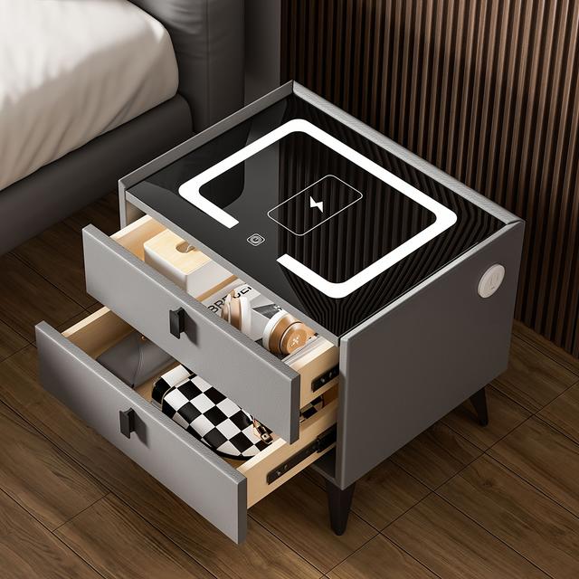TEMU Smart Nightstand With 2 Drawers, Led Lighting, And Wireless Charging For Bedroom