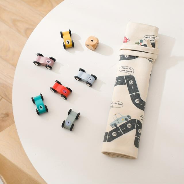 TEMU Multi-functional Wooden Toy Car With Six-color Canvas Track Pattern, Dice Toy For Parent-child Interaction, Tabletop Game Set For Christmas, Halloween, And Birthday Gifts