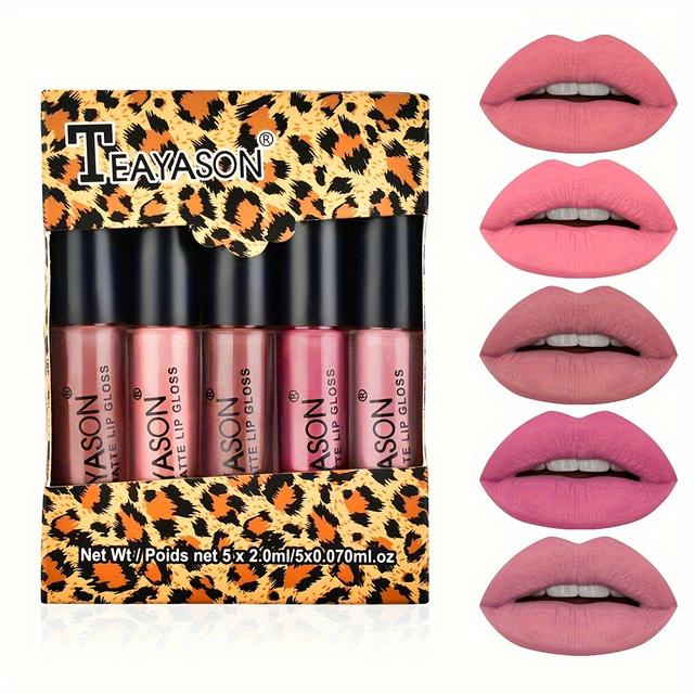 TEMU Set Of 5 Leopard Print Lip Glosses In Matte, Waterproof, And Long-lasting Nude Shades, Including Skin Tone And Pumpkin Color