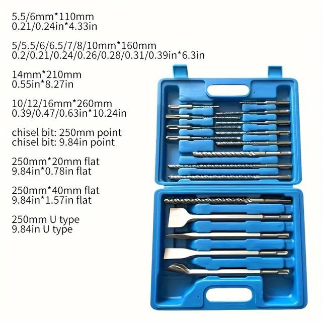 TEMU 17pcs/set High-carbon Steel Sds Plus Drill Bit Set With Chisels For Concrete, Brick, Block, Stone Masonry - Rotary Hammer Hole Tool With Storage Case.