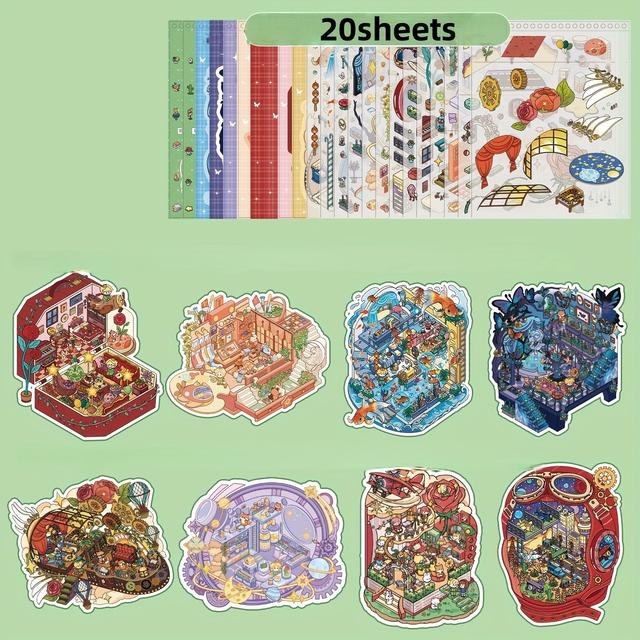 TEMU 20 Sheets/book Sticker Book, Pet Material, 6.0 Series Theme Scenery Decals - Rose Town