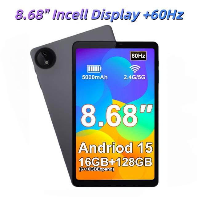TEMU Tableta Mini CRELANDER de 8.68 pulgadas con pantalla Incell, CPU de de / de actualización de 60Hz, 15, 16GB de RAM (6+10GB expandible) + 128GB de ROM, WiFi 2.4G/5G + GPS, 1340x800, con