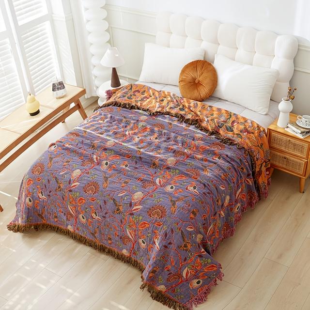 TEMU de Cama Reversible de Lujo con Diseño Floral y de Aves y Borlas - , Transpirable de Poliéster, Cara para Todas - Ideal para Sofá, y Regalos - Lavable a Máquina