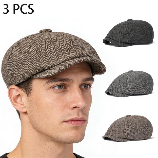 TEMU Gorro de octogonal para hombres de mediana edad y mayores, 3 piezas, gorra versátil retro británica para otoño e invierno, gorra casual estilo vendedor de
