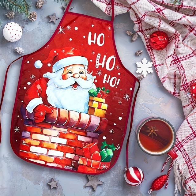TEMU Christmas Santa Claus Apron 1-pack, Polyester Adjustable Kitchen Apron With Tie Back, Festive Chimney Santa Print For Cooking, Baking, Restaurant, Party - Holiday Themed Woven Chef Apron