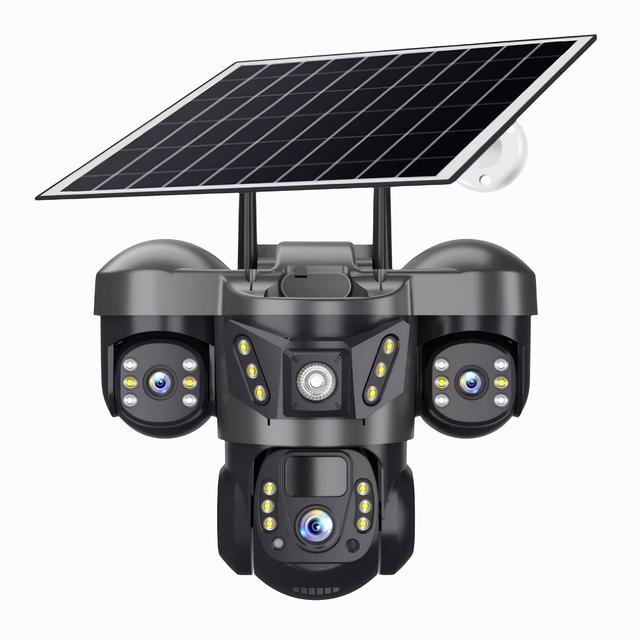 TEMU Solar Powered Security Camera, 3 Lenses And 3 Screens, Mobile Phone Remote Monitor, High-definition Night Vision, Supports Infrared//intelligent 3 Modes.