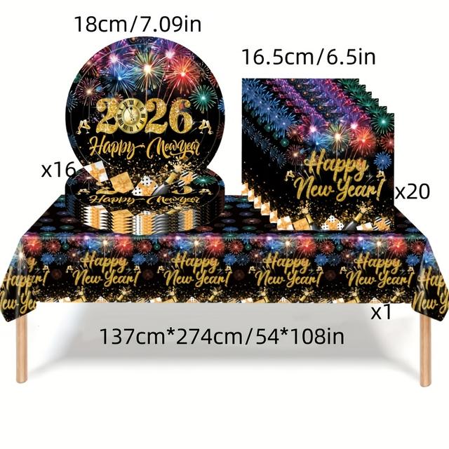 TEMU 37-teiliges buntes Neujahrs-Party-Set | , Konfetti, Schneeflocken, Hintergrundtücher, Papierhandtücher, Tischdecken, Geschirr - Geeignet für die Silvesterfeier 2026