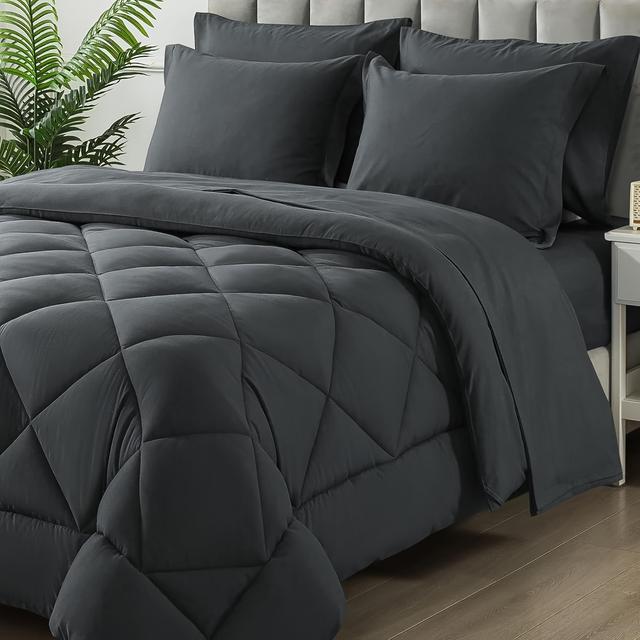 TEMU Comforter Set, 7 Pieces Bed In A Bag, Bedding Sets With All Season Soft Quilted Lightweight Comforter, Flat Sheet, Fitted Sheet, 2 Pillow Shams, 2 Pillowcases, Dark Grey
